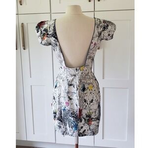 Afghan Graphic Print Puff Sleeve Mini Dress Open Back White Cotton Sz M